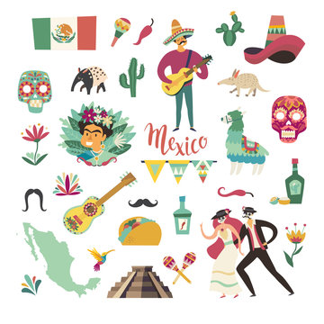 Mexican collection vector illustration. Mexico symbols and landmarks. Colorful drawings icon about Mexico isolation on white background