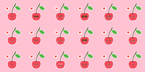 Cute cherry fruit character set Illustration Design Template Vector. Set cute cherry characters. Kawaii berry vector characters isolated on color background