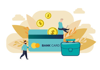  Simple flat illustration of a payment method, credit or deposit card. Concept cash back program to a bank card. 