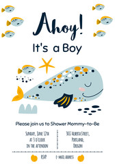 Whale baby shower invitation Ahoy Its a Boy Nautical Baby Shower invite card design Cute whale sea animal vector