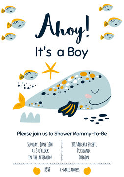 Whale Baby Shower Invitation Ahoy Its A Boy Nautical Baby Shower Invite Card Design Cute Whale Sea Animal Vector