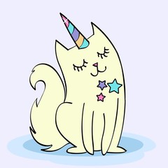 A funny unicorn cat character jumps across the sky. Flat vector illustration