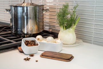 Soup cooking setup with fennel, silver onions and star anise in a clean, white, crisp modern kitchen