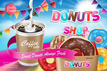 Delicious donut ads with latte coffee. Advertising for bakery shop or cafe. Chocolate donuts on blue background. Vector illustration