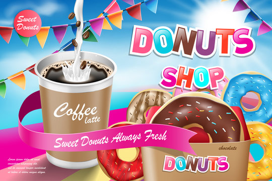 Delicious donut ads with latte coffee. Advertising for bakery shop or cafe. Chocolate donuts on blue background. Vector illustration