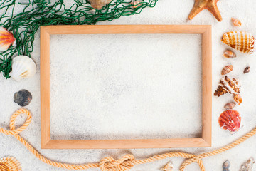 Frame with fishing net. Summer concept.