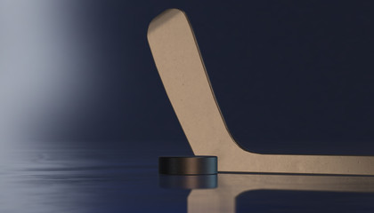 Ice hockey stick and puck on reflection ice background, 3d render