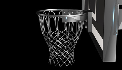 Obraz na płótnie Canvas Silver net of a basketball hoop on various material and background, 3d render