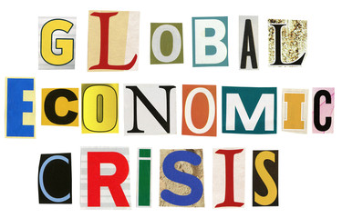 Global economic crisis text made of newspaper clippings