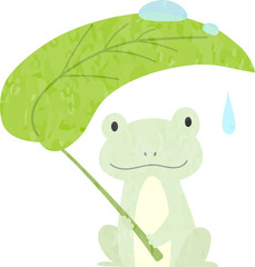 葉っぱの傘を持ったカエルのイラスト