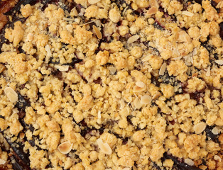 texture of baked crumble pie with blue plum, delicious dessert