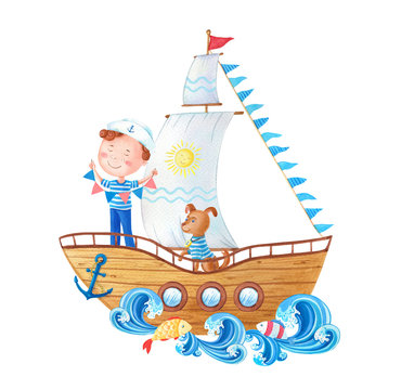 The little sailor with flags and dog on wooden ship.A cute cartoon boy in a marine suit .Isolated cartoon