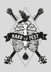 Music poster template. Rock and roll festival flyer design. Guitar, microphone and rib cage. Vintage vector illustration
