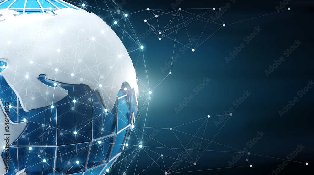 Poster planet earth with mesh representing international connections on dark background, copy space. panora