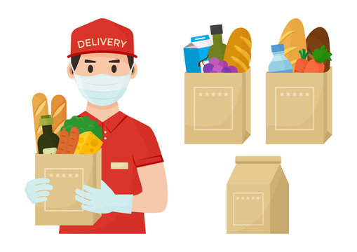 Safe Foods Delivery. Coronavirus Protection And Prevention. Courier In Face Medical Mask And Gloves With Full Grocery Bag In Hands. Vector