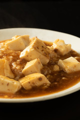 麻婆豆腐。縦撮影。黒背景