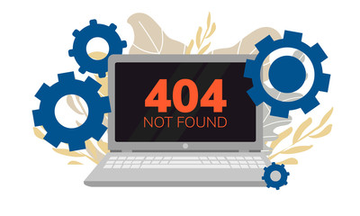  Simple flat illustration of a laptop. Failure, broken computer. Error 404 on the screen