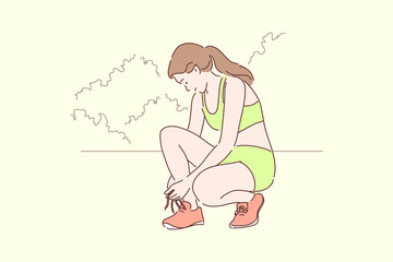 Sport, athletics, workout concept. Young happy woman girl teenager athlete cartoon character tying up shoelaces on sneakres at park. Recreation or preparation for race beginning and active lifestyle.