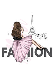 Girl in a beautiful dress and shoes. France and Paris. Vector illustration for greeting card or poster, fashion and style, clothes and accessories.