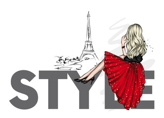 Girl in a beautiful dress and shoes. France and Paris. Vector illustration for greeting card or poster, fashion and style, clothes and accessories. - 346155543