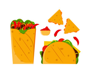 Mexican food set. Colored set with burrito, nachos, taco, chilli and sauce. Vector illustration in flat style, cartoon style