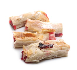 Cherry pie slices, dessert pastry rolls isolated on white background