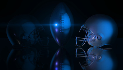 American football helmets and trophy ball on black dark background, 3d rendering