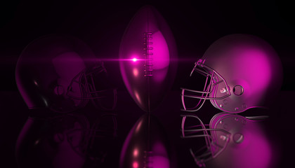 American football helmets and trophy ball on black dark background, 3d rendering
