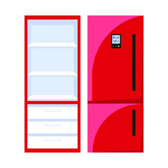 Vector illustration with red electric refrigerator. Open and closed freezer. Colorful kitchen appliance for food storage, inside and outside  