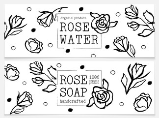 Set for packaging rose water and rose soap. Organic cosmetic natural soap, rose water. Aromatherapy. Vector hand drawn illustration.