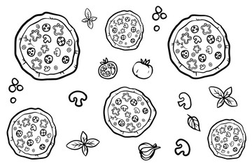 Italian pizza and ingredients top view frame. Italian food menu design template. Vintage hand drawn sketch, illustration. Engraved style illustration. Pizza label for menu.