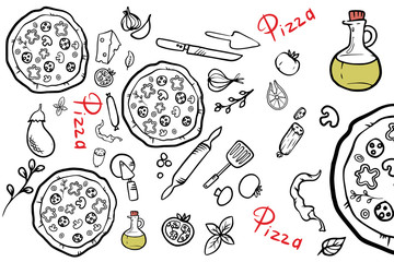 Italian pizza and ingredients top view frame. Italian food menu design template. Vintage hand drawn sketch, illustration. Engraved style illustration. Pizza label for menu.