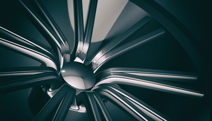 Aluminium on shadow and light rim of luxury car wheel. Various material and background, 3D render