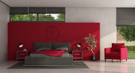 Minimalist red and gray master bedroom