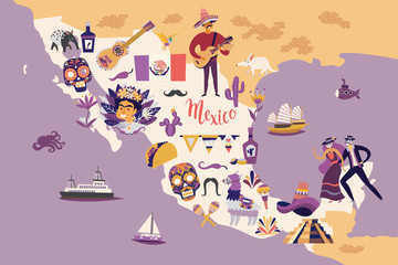 Mexiko-Kartenvektorillustration. mexikanischer Hintergrund. Reise abstrakte Karte. Wandkunst, Poster für Kinderzimmer. Hand zeichnen bunte Illustration Hintergrund Cartoon-Stil