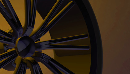 Aluminium on shadow and light rim of luxury car wheel. Various material and background, 3D render