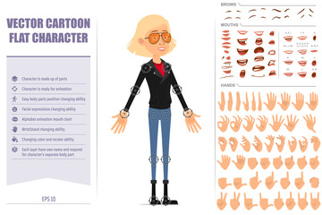 Cartoon flat blonde rock and roll girl character in leather jacket. Ready for animation. Face expressions, eyes, brows, mouth and hands easy to edit. Isolated on white background. Big vector icon set.