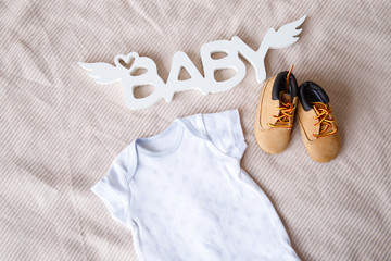 Set of fashion trendy clothes and kids stuff for little baby boy
