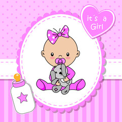 Baby shower card. Baby girl with teddy bear