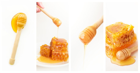Golden honey dripping from wooden dipper multiple shot collage. Honeycomb parts isolated on white background. Organic food and healthy nutrition concept
