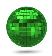 Green metallic polygonal sphere isolated on white background. Green disco mirror ball. 3D rendering