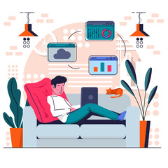 Man Work from home on Sofa at laptop with cat and plants