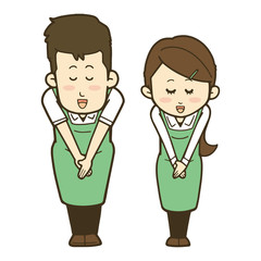 笑顔でお辞儀をするエプロン姿の男性と女性のイラストセット