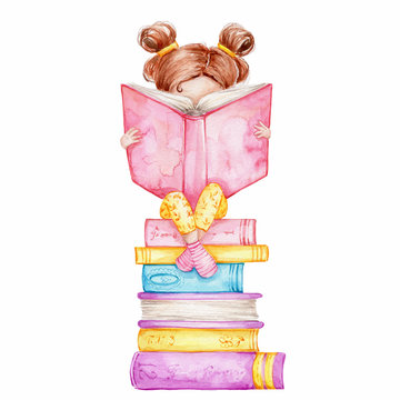 Cute Girl Reading Book On Stack Of Books; Watercolor Hand Draw Illustrartion; Can Be Used For Kid Poster Or Card; With White Isolated Background