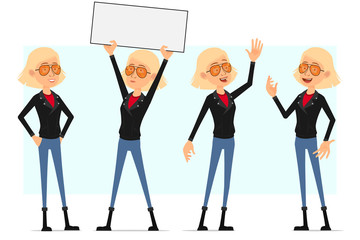 Cartoon flat funny cute rock and roll girl character in leather jacket. Ready for animation. Blonde girl standing and holding empty sign for text. Isolated on white background. Vector icon set.