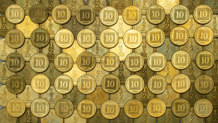 Money. Coins of different denominations. View from above. All the money is the new Israeli shekels.