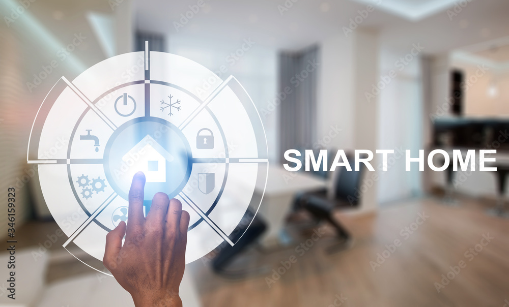 Poster Closeup of young guy using smart home automation control system, pushing house button on digital screen. Collage