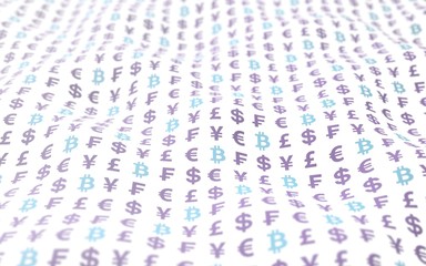 Bitcoin and currency on a white background. Digital crypto currency symbol. Wave effect, currency market fluctuations. Business concept. 3D illustration