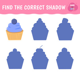 Education game for kids. Find the correct shadow. Cupcake with berries.  Vector illustration