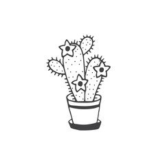 Blooming cactus in ceramic pot, succulent with flowers- handdrawn vector doodle illustration  isolated on white background. Modern home, hygge, scandinavian interior. Handdrawn icon.